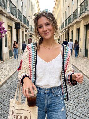 Shannon Passero Boho Crochet Granny Square Knit Sweater Open Front Cotton Small